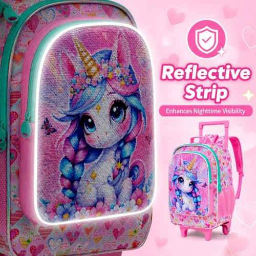 Image of CCJPX 18 inch Unicorn Rolling Backpack for Girls, 3Pcs Kids Wheeled Bookbag with Lunch Box, Lightweight Roller School Bag for Elementary Preschool (Pink)