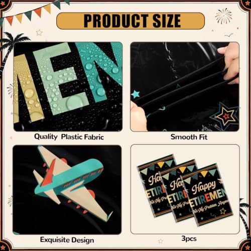 Image of Qyeahkj 3 Pcs Retirement Party Tablecloth Decorations Disposable Plastic Happy Retired Table Covers Black Vintage Tablecloths Retirement Birthday Supplies for Going Away Farewell Party Decoration