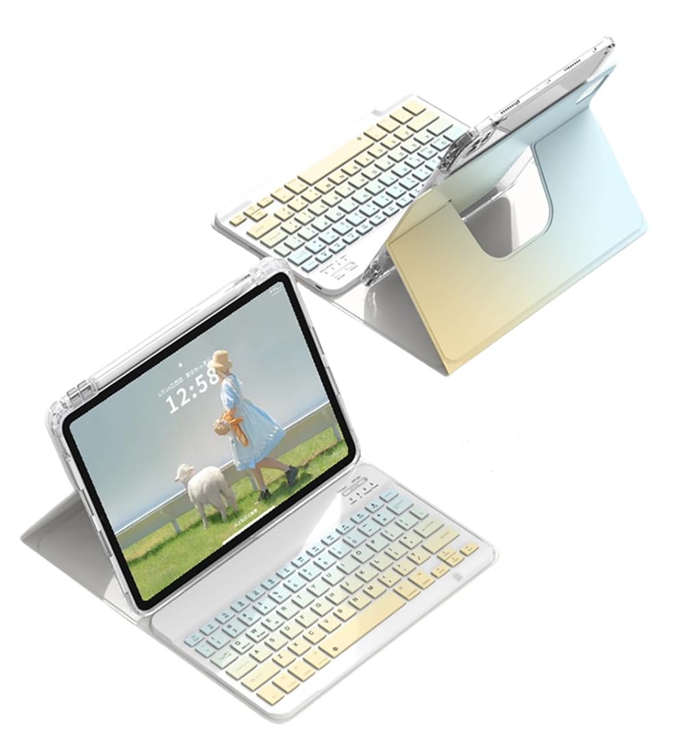 適合 iPad Air 11インチ(2026年M4/2025年 M3 /2024年 M2)/ Pro11 第 4 3 2 1世代/Air第4 5世代10.9インチ用のキーボードケース 360度回転 縦置き マグネット 分離式 Bluetoothキーボード 取り外し可能 3 in 1 透明背面カバー Apple pencil 収納，黄ブルー（四角いキー）
