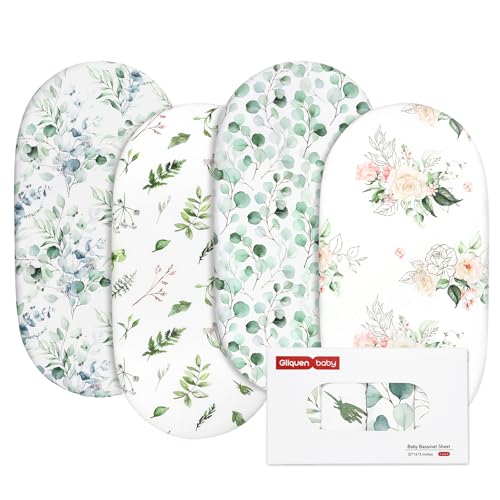 Gllquen Baby Bassinet Sheets 4 Pack, Breathable Cozy Fitted Mattress Sheet, Elastic Travel Crib Fashionable Floral Pattern, Standard Cradle Safe Sheets for Baby Boys Girls 32