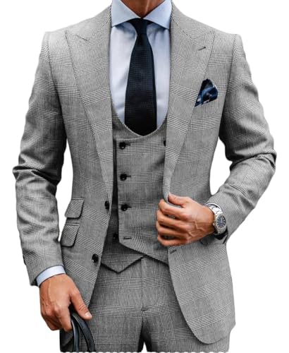 MoranX Casual Men's Suits Regular Fit 3 Piece Double Breasted Wool Plaid Tuxedos Business Blazer+Vest+Pants Wedding3