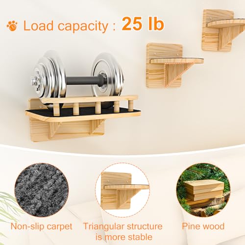 Image of XiaZ Cat Wall Shelves, Cat Wide Climber Shelf with 3 Perch Steps, Kitty Wall Mounted Wooden Furniture up to 25lbs, Durable Floating Cats Stairs for Indoor Sleeping, Playing, Climbing and Lounging