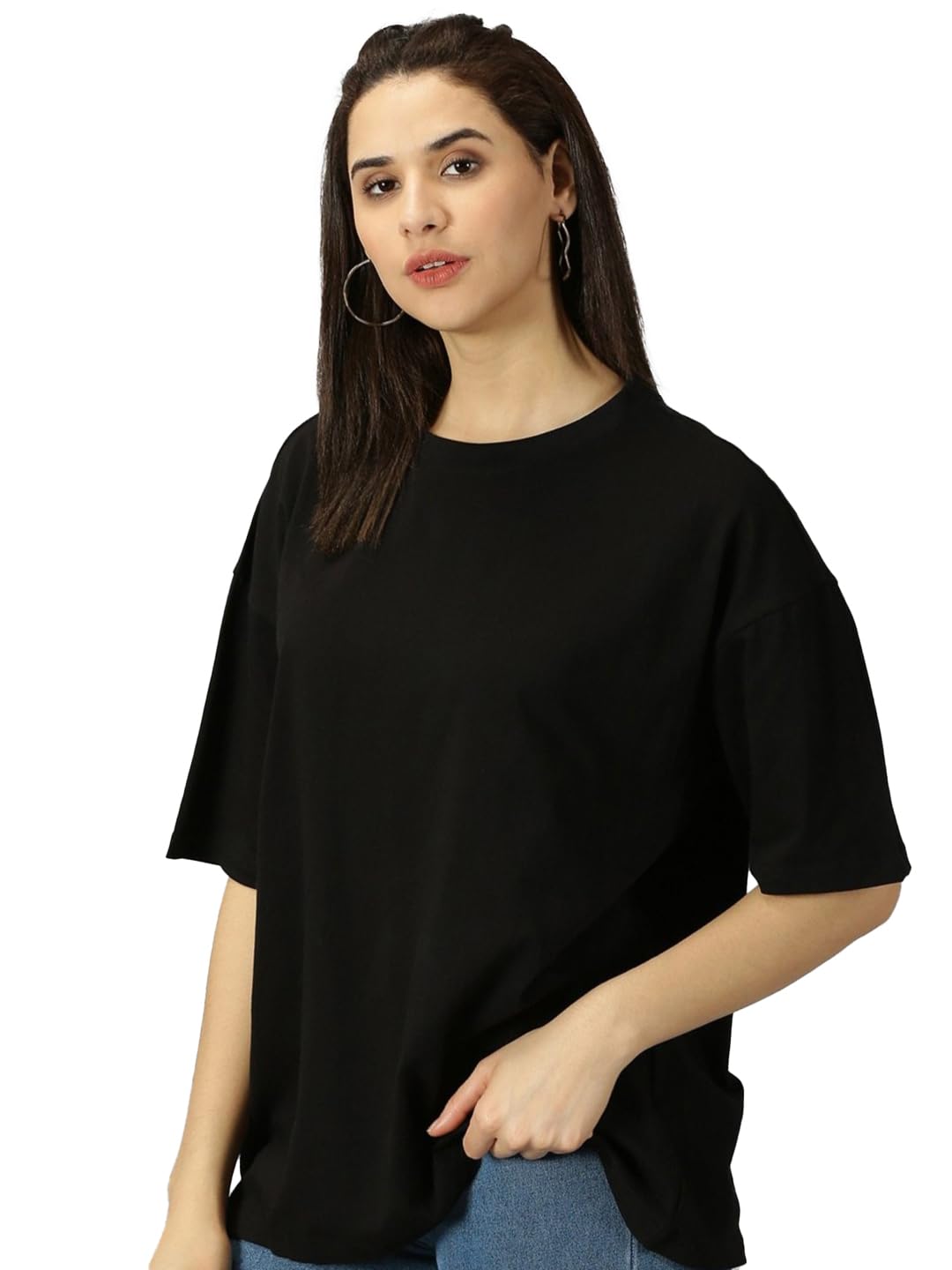 Women Solid Black Oversized T-Shirt Material Cotton Blend-image-36