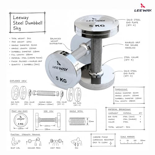 Image of Leeway Steel Dumbbell Set 5 Kg x 2 | Chrome Dumbbells for Home Gym | Rust-Resistant Non-Slip Grip | Strength Training Metal Dumbbell Set | Iron Dumbell | Round Dumble | (5kg X 2 = 10kg Chrome)