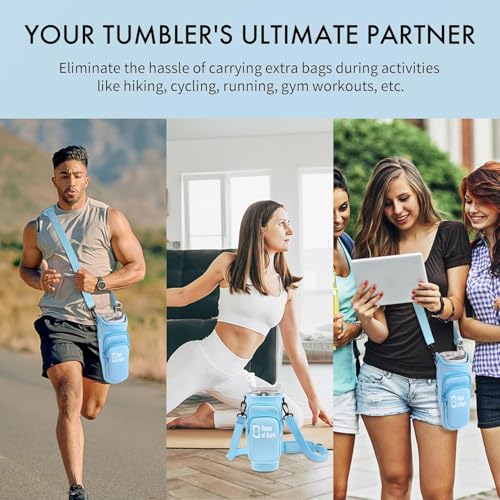 Image of House of Quirk Water Bottle Carrier Bag with Phone Pocket for Stanley 40 /30 oz Tumbler Neoprene Water Bottle Holder Pouch with Adjustable Strap (Blue)