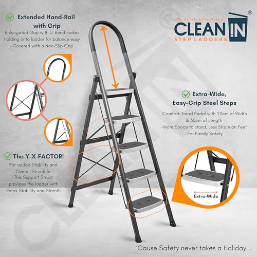 Image of CLEAN IN 5 Step Premium Foldable Household Steel Ladder ~ for Home, Garage, Kitchen. Wide & Anti-Skid Steps, 150 kg Load Capacity, Reinforced Hinges ~ (Shades of Grey)