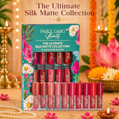 Image of Parul Garg Beauty Varalakshmi Celebration Gift Pack | Festive Beauty Gift Set | 10 Mini Silk Matte Liquid Lipsticks, Kajal, Sindoor, Utsav Bindi Patta with Pink Potli