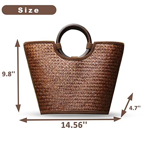 Straw Bag for Women, Summer Beach Handmade Rattan Tote Bag, Round Wooden Handle, Boho Retro Straw Woven Handbag, Large Beach Bag for Vacation (Brown)2