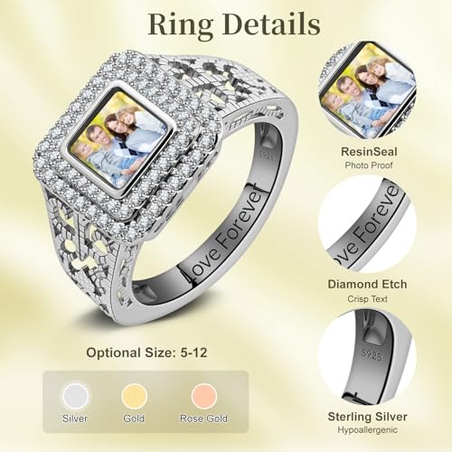 Custom Photo Ring - Personalized Square/Heart/Round Picture Ring with Engraved Name,Memory Gift for Women family Couple Friends Birthday Anniversary3