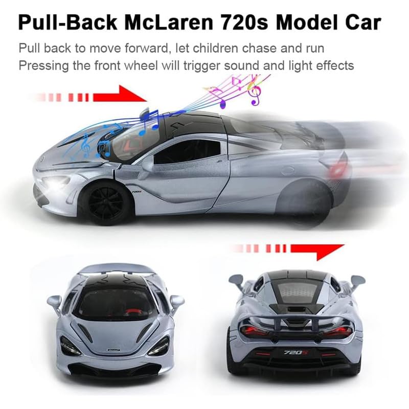 Image of Kids Model 1:32 Mc-Laren 720s Die Cast Metal Car Pull Back Action Opening Doors with Realistic Engine Sound Lights Toy Car Gift for Boys - Silver
