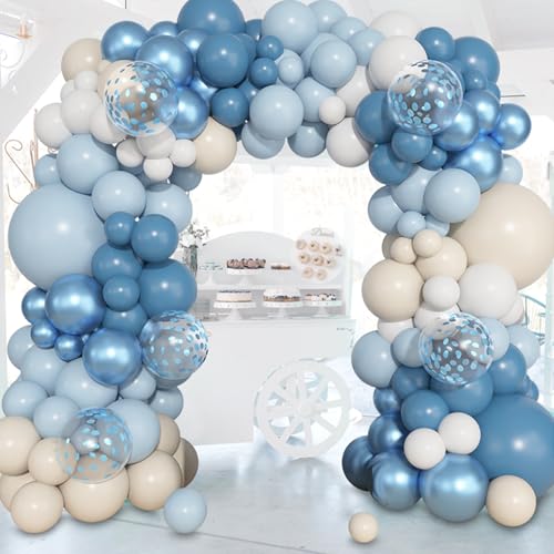 Image of Ouddy Life 157 Pcs Dusty Blue Balloons Garland Arch Kit, Dusty Baby Light Metallic Blue Sand White Confetti Balloon Different Size Birthday Wedding Boy Baby Shower Gender Reveal Decorations