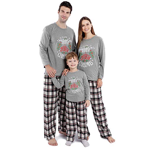 Family Christmas Pajamas Set,Matching Xmas PJs Set with Letter Printed Tee+Plaid Pants Sleepwear (XX-Large/Women) Grey