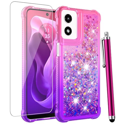 CAIYUNL for Moto G Play 2024 Case with Screen Protector, Cute Women Girls Glitter Bling Liquid Floating Phone Case Slim TPU Soft Silicone Shockproof Girly Cover for Motorola G Play 2024 -Pink Purple