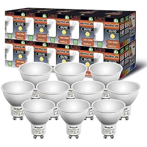 10x GU10 LED Bulbs 3W WARM White Brite-R 120° Beam 3000K 240lm Spot Downlight 90% ENERGY SAVE* 30W Halogen Equiv Replacement Lamp AC220-240V Wide Angle Frosted Recessed Lighting UK Warranty Pack of 10 Cover