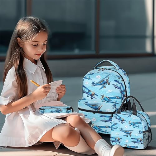 Image of Kids Backpack with Lunch Bag and Pencil Case - 3Pcs Airplane Backpacks Set for Boys - Durable Toddler Bookbag for Kindergarten, Primary & Elementary (17 Inch)