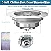 3-in-1 Kitchen Sink Drain Strainer & Stopper, Stainless Steel Food Catcher Plug with Filter Basket, Fits 3-1/2 Inch Drain Hole, Universal Sink Protector Cover, Anti-Clogging, Silver - 2Pack