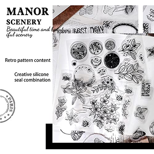 Muulaii 6 Sheets Clear Stamp Silicone Stamp Cards with Greeting Words, Flowers, Leaves, Butterflies, and Moons Pattern for Thanksgiving Christmas Holiday Card Making and DIY Scrapbooking Journaling