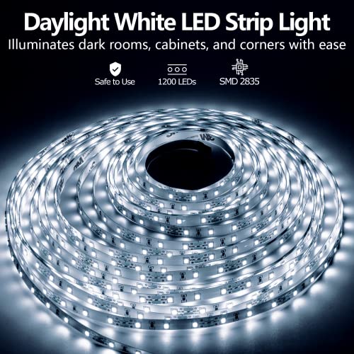 Image of LED Strip Lights White 65.6ft Dimmable 6000K Bright White Strip Lighting, 12V 20M 1200 LEDs 2835 Flexible led Light for Kitchen, Under Cabinet, Bedroom, Wardrobe.