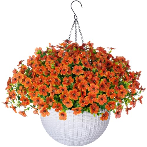Artificial Fake Fall Hanging Mums Flowers Plants Basket for Outdoor Outside Faux Silk UV Resistant Look Real Orange Daisy in Hang Planter for Autumn Porch Patio Yard Home Decoration