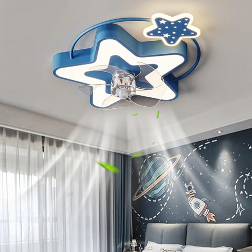 Bambino Pale Da Soffitto Con Luce Reversibile Dc Dimmerabile Ventilatore Da Soffitto Con Luce E Telecomando Timer 6 Velocità Plafoniera Con Ventilatore Per Camera Dei Bambini-Blue Stars