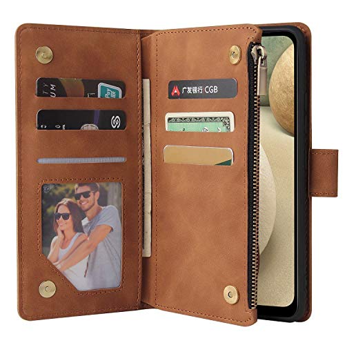 Lbyzcase Phone Case For Galaxy A42 5G,Samsung A42 5G Wallet Case,Luxury Folio Flip Leather Cover[Zipper Pocket][Wrist Strap][Kickstand] For Samsung Galaxy A42 5G (Brown) #TOP1