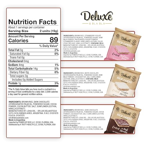 Deluxe & Bla Bla Chocolate Covered Rice Cakes 12 Pack – Whole Grain, Gluten-Free, Kosher Snack – Low-Calorie & Crunchy – Coated with Dark & White Chocolate & Strawberry Yogurt (19g Each)
