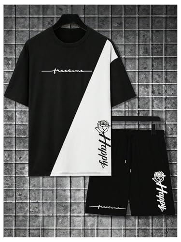 SOLY HUX Men's Tracksuits Color Block Print Short Sleeve Tee and Drawstring Shorts Summer 2 Piece Sets2