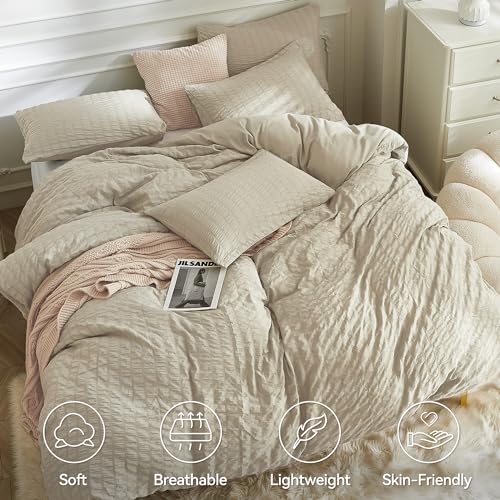 Image of JELLYMONI Light Khaki Duvet Cover Full Size, 3pcs Washed Microfiber Bedding Set, Soft Breathable Seersucker Duvet Cover Set with Zipper Closure and Corner Ties for All Seasons