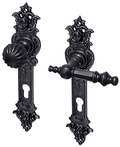 Preisvergleich Produktbild Türbeschlag antik Haustür / Wechselgarnitur mit Knauf / Modell 'Eisenach' in Gusseisen-Optik schwarz, Jugendstil / Gründerzeit