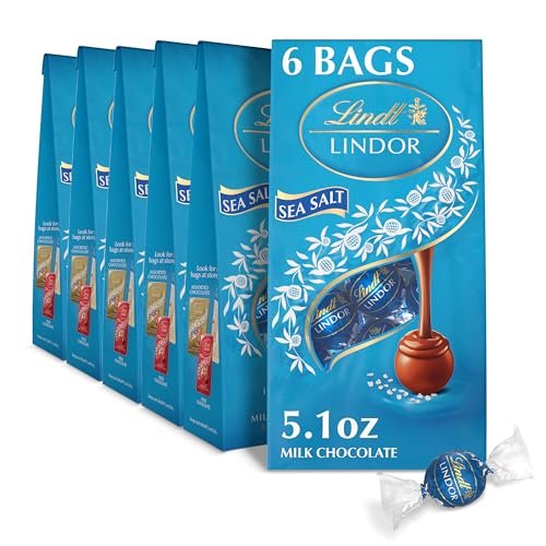 Lindt LINDOR Sea Salt Milk Chocolate Truffles, Milk Chocolate Candy with Smooth, Melting Truffle Center, Great for Gift Giving, 5.1 oz. Bag (6 Pack)