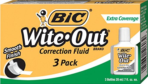 BIC Wite-Out Brand Extra Coverage Correction Fluid, 20 mL, White, Covers The Toughest Mistakes, 3-Count