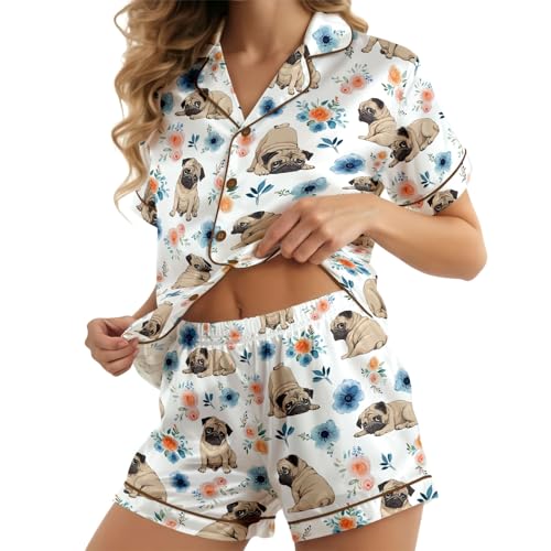 Image of HUNTFAMI Womens Soft Silky Satin Pajamas Set, 2 Pcs Sleep Short Pajamas for Mom and Grandma Button Down Summer Loungewear