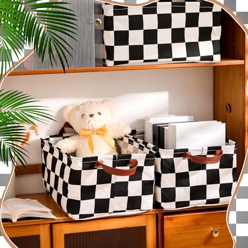 Image of Boao 3 Pcs Black and White Checkered Storage Basket with Handle