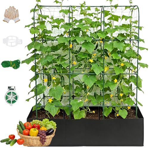 152cm Gurkenspalier mit Pflanztasche Rankhilfe für Gurken & Tomaten Stabiles Rankgitter Set aus Metall für Kletterpflanzen & Gemüse Platzsparendes Vlies-Hochbeet für Garten Balkon & Terrasse