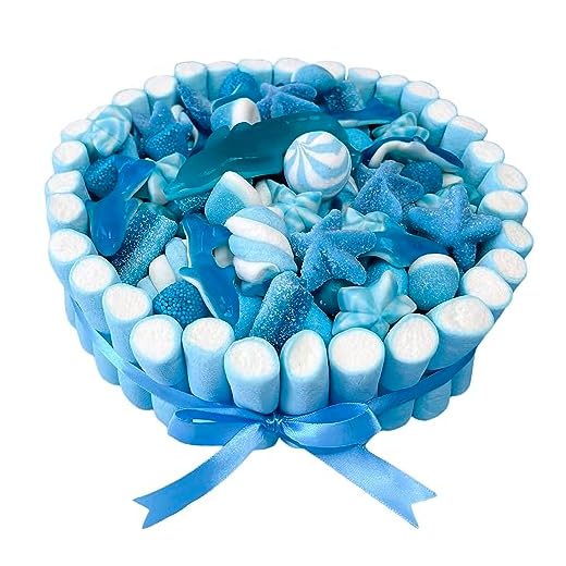 Onza. Tarta de chuches para regalar en un día especial. Regalo Original de Cumpleaños. Caja para celebraciones. Pack de chucherías y golosinas para cumpleaños infantil. (Azul)