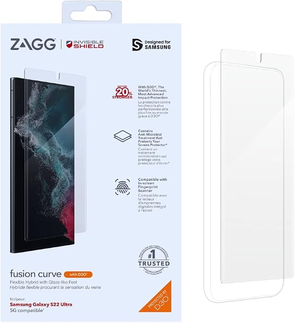 ZAGG InvisibleShield Flex Curve D3O Samsung Galaxy S22 Ultra, Shockproof, Scratch Resistant, Advanced Clarity, Smooth, Clear