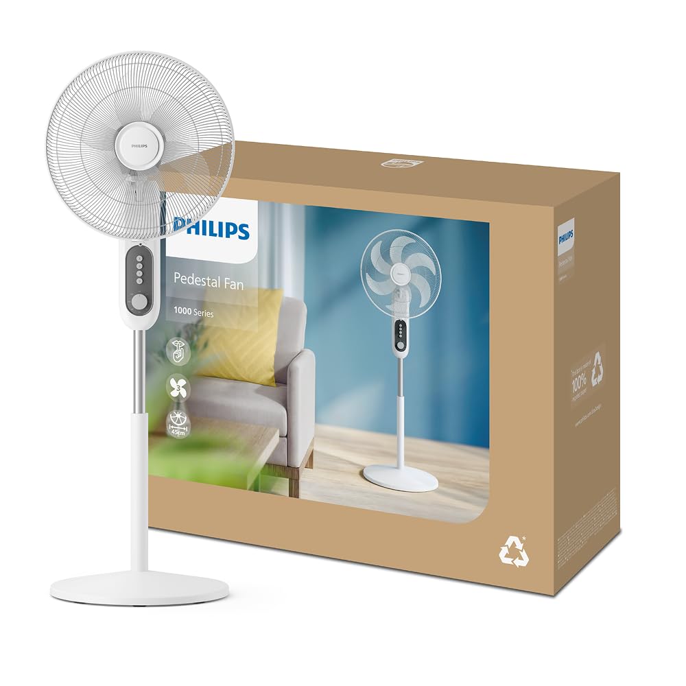 PHILIPS Ventilateur sur pied Série 1000 - Puissant et silencieux, 38 dB, Hauteur réglable, Inclinable et rotatif, Minuterie, Blanc (CX1220/00)