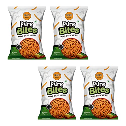 Image of Grami Superfoods Pure Bites Millet Butter Karasev - Pack of 4 (500g) | Healthy Indian Snacks | Millet Snacks | No Maida | No Preservative | High Protein & Fiber Snack | Low GI | Healthy Namkeen For Kids & Adults | Weight Loss Namkeen | Sugar Free | Diabetic Friendly Namkeen