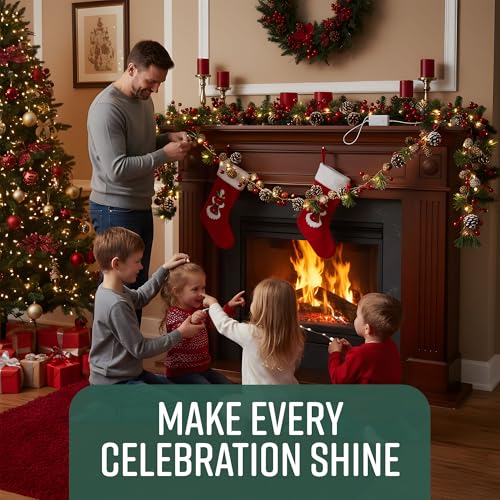 GloBrite 2M Christmas Garland with 20 LED Lights – Pre-Lit Decoration for Fireplace, Stairs, and Indoor Home Décor – Xmas Garland for Christmas Decorations