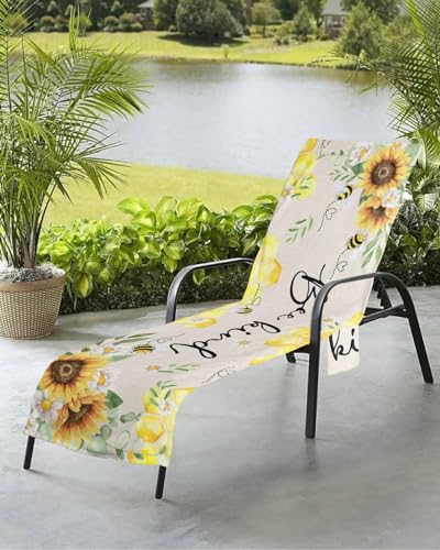 Bee Sunflower Beach Chair Towel Covers for Chaise Lounge with Side Pocket, Soft Plush Pool Towels Cover for Patio Sunbathing Outdoor Farmhouse Eucalyptus Leaves Spring Summer 29''x85''
