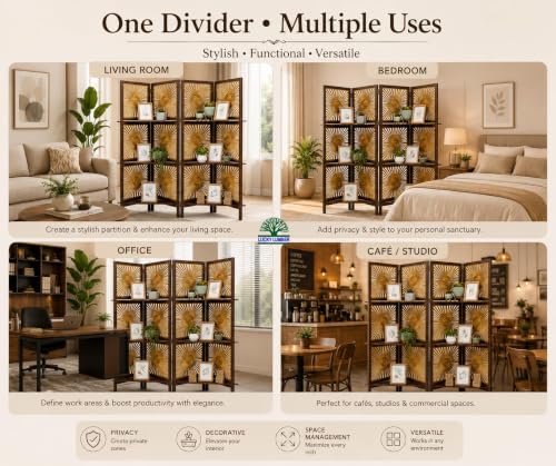 Image of Elegant Wooden Room Divider Screen with Shelves | Foldable 4 Panel Privacy Partition Wall Featuring Golden Sunburst Art Design for Home, Living Room & Workspace