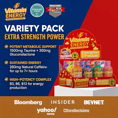 Image of Vitamin Energy Variety Pack Extra Strength Energy Shot, 8 Pack - Up to 7 Hrs, 260mg Natural Caffeine, Zero Sugar -Assorted Flavors, B12 B6 Niacin, 1.93 fl oz, Keto Vegan