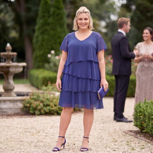 Image of S.L. Fashions Women's V-Neck Chiffon Cocktail Dress with Beaded Shoulders and Asymmetrical Tiers (Petite and Regular Sizes)