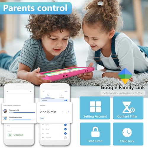 Image of YACXBTK Tablet for Kids 10.1 inch Android 14 6000mHA 8GB RAM+64GB ROM(Expandable to 1TB Kids Tablet Age 3-12 with Case& Lanyard WiFi6 Google Kids Space Parental Control 1280 * 800 HD Screen Pink