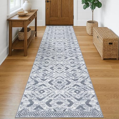 KILOCOCO Hallway Runner Rug 2.6'x10' Washable Printed Moroccan Runner Rugs Non Slip Entryway Rugs Soft Indoor Long Floor Rug for Bedroom Kitchen Living Room Geometric Boho Carpet Runners, Grey White