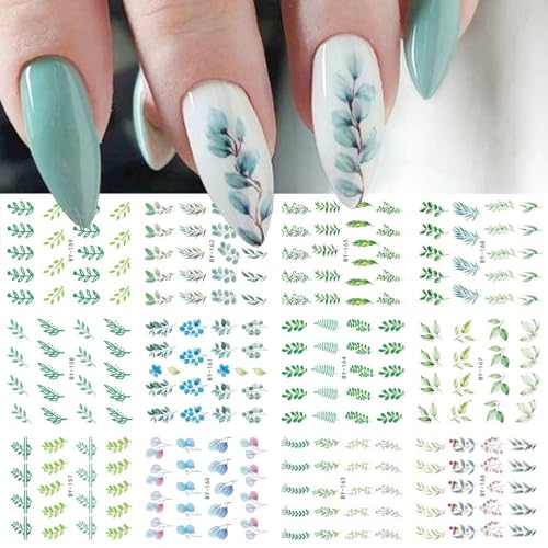 S.A.V.I Floral Nail Decals – 12 Green Plant Designs, Water Transfer Nail Art Stickers