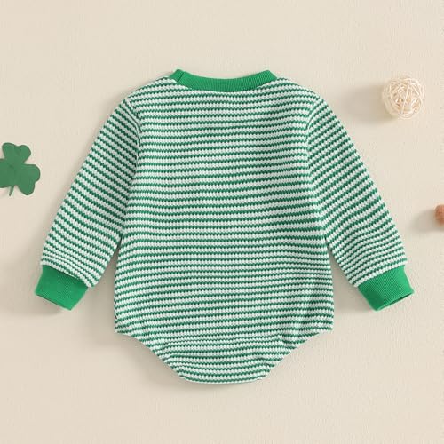 VISGOGO Baby Sweatshirt Romper Striped Heart/Clover Waffle St.Patrick Day Long Sleeve Irish Onesie Jumpsuits4