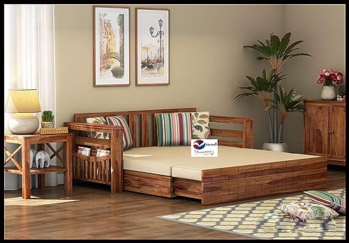Image of Solid Wooden Sheesham Wood 3-Person Sofa Cums Bed With Storagefor Home Furniture|Without Pillow With|Living Room|(Teak Finish,Brown)