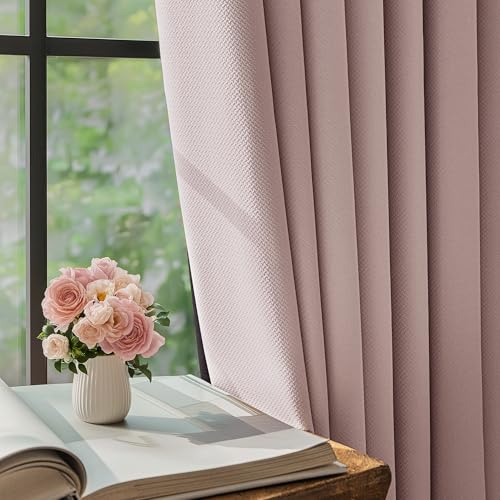 Image of FMFUNCTEX 100% Blackout Curtains for Bedroom, Blush Pink Curtains 72 Inches Long Textured Thermal Insulated Curtains for Living Room Drapes, Black Out Drapery Grommet Room Darkening 2 Panels
