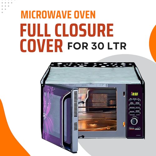 Image of PVC Microwave Oven Cover for IFB 30L 30BRC2 | Full Closure Zip | Waterproof & Dustproof | Attractive Digital Print | Wipe Clean | Stain Resistant | 48 x 53 x 34 cm | Black Dot Design